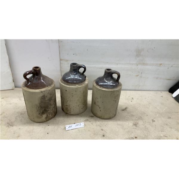 Three Antique Two-Tone Stoneware Finger Jugs with Handles