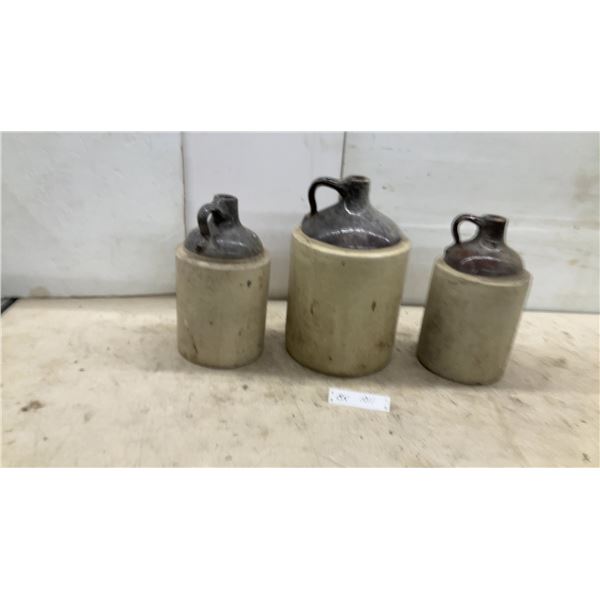 Three Antique Stoneware Finger Jugs with Brown Glazed Tops and Handles