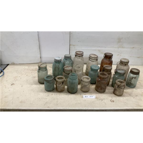Collection of Antique Glass Canning Jars with Wire Bail Closures and Zinc Lids and More