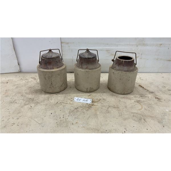 Three Antique Two-Tone Stoneware Canning Jars with Wire Bail Handles and Lids