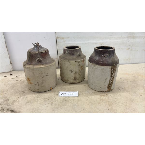 Three Antique Two-Tone Stoneware Canning Jars with Wire Bail Handle and Lid