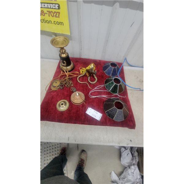 Brass Cobra Lamp Base, Stained Glass Lamp Shades, Brass Candlestick, and More