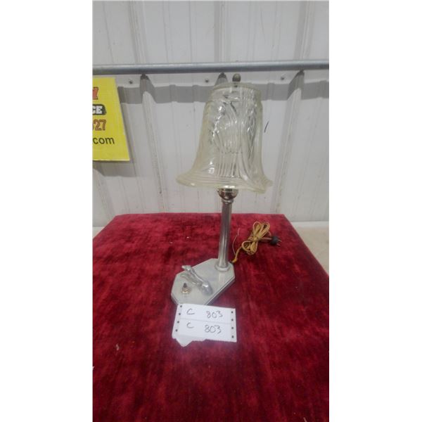 Art Deco Chrome Table Lamp with Greyhound Dog Figure and Pressed Glass Shade