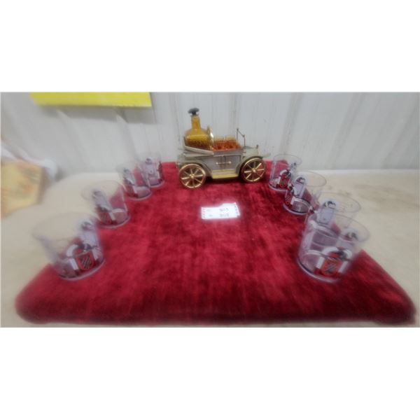 Vintage Car Decanter Set with Six Shot Glasses and Eight Decorative Tumblers