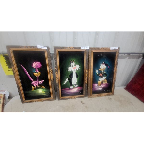 VintageSet of Three Framed Black Velvet Cartoon Character Paintings Signed Kiko 14 x 23"