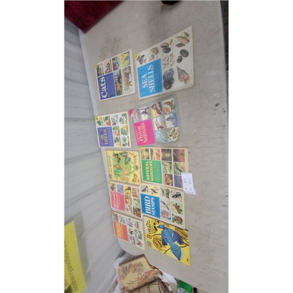 Collection of Vintage Golden Stamp Books Including Birds, Cats, Sea Shells, Trees, and More