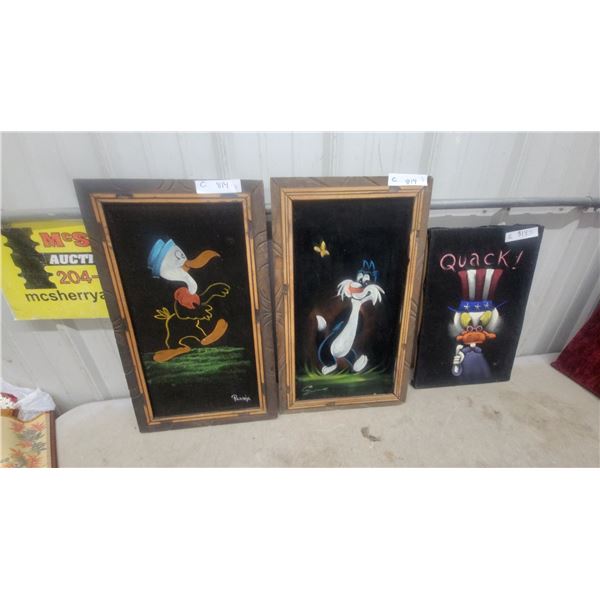 Vintage Set of Three Velvet Paintings, Cartoon Characters, Signed Pantoja Biggest 14 x 23"