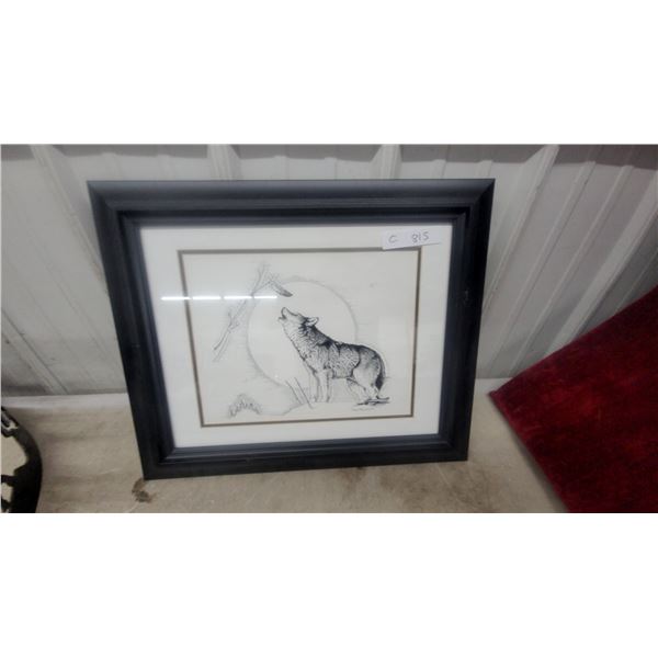 Angus Morasty Howling Wolf Pen and Ink Drawing, Framed 18 x 22"