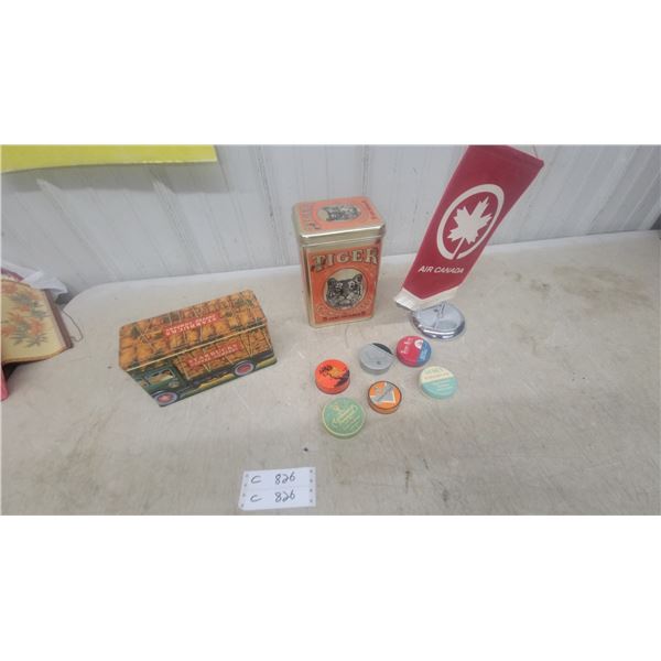 Vintage Tiger Chewing Tobacco Tin, Starbucks Tin, Typewriter Ribbon Tins, and Moreair Canada Desk