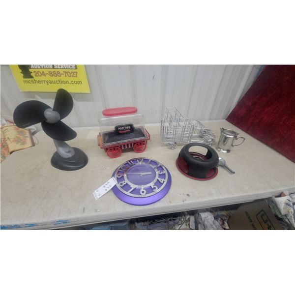 Purple Wall Clock, Popcorn Machine, Mini Truck Condement Rack, Fan, and More