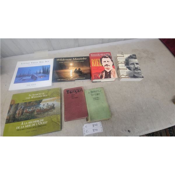 Collection of Eight Books Including Tarzan, Riel Biography, and Manitoba History