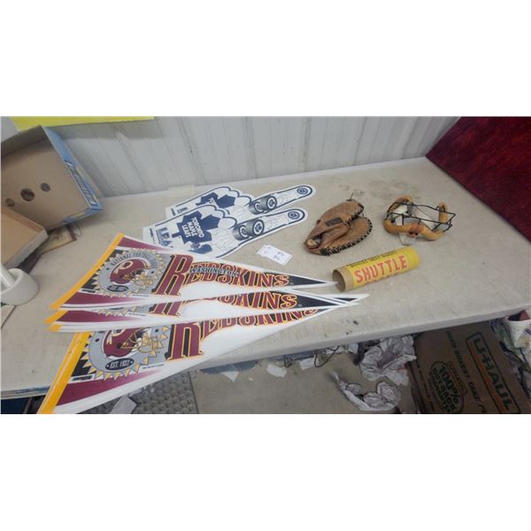 Vintage Cooper Weeks Catcher's Mitt, Badminton Shuttlecocks, Sports Pennants, and More