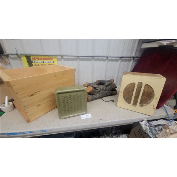 Vintage Wooden Speaker Cabinet, Electric Fireplace Log Set, and Green Speaker and Crate