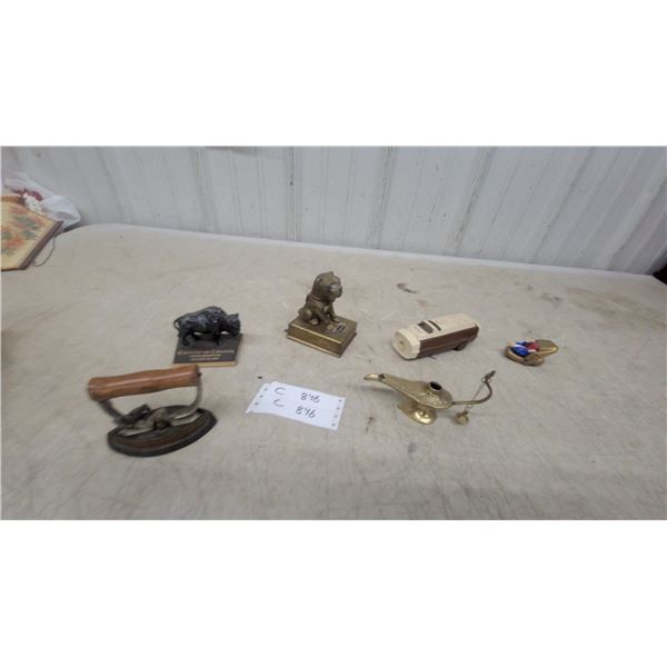 Antique Sad Ironsalsman Sample with Wood Handle, Bulldog Lamp with Glass Eyes, and More