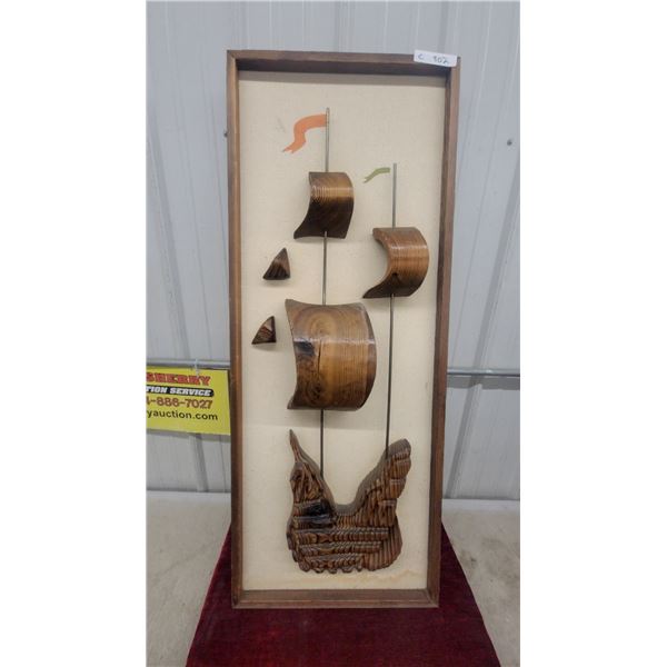 Carved Wood Sailing Ship Wall Art with Fabric Background in Shadow Box Frame 19 x 48" Mid Century