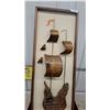 Image 3 : Carved Wood Sailing Ship Wall Art with Fabric Background in Shadow Box Frame 19 x 48" Mid Century