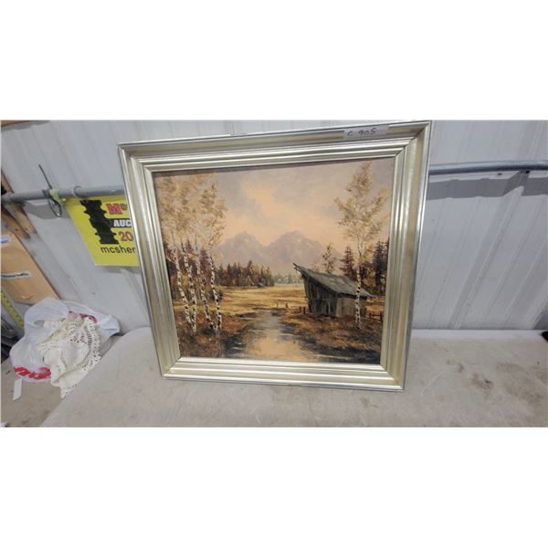 Oil on Canvas Landscape Painting with Birch Trees and Cabin, Signed, Dated 1957 27 x 25"