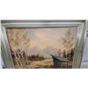 Image 2 : Oil on Canvas Landscape Painting with Birch Trees and Cabin, Signed, Dated 1957 27 x 25"