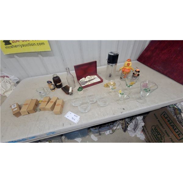 Hard Rock Cafe Shot Glasses in Boxes, Painted Wine Glasses, Bottles, Strainer, and More Bartiquis