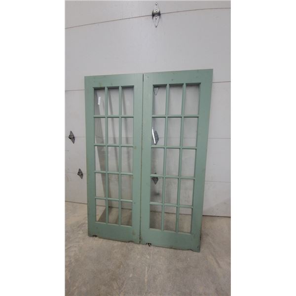 Pair of 15-Lite French Doors in Sage Green Paint Hinged Together 28 x 80" Each