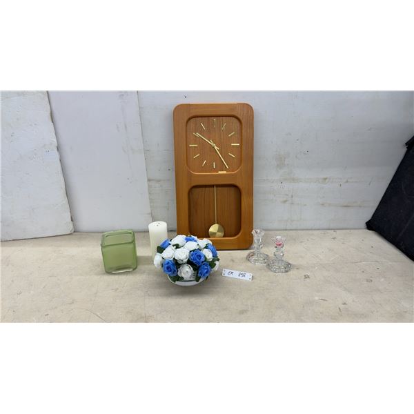 Danclock Danish Teak Pendulum Wall Clock, Crystal Candlesticks, Faux Flowers, and More