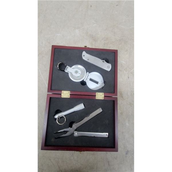 Outdoor Adventure Tool Kit with Compass, Folding Knife, Multi-Tool, and Flashlight in Wooden Case