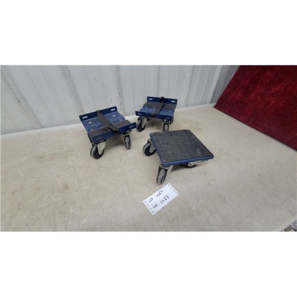 Set of Three Blue Snowmobile Moving Dollies with Swivel Casters and Rubber Pads