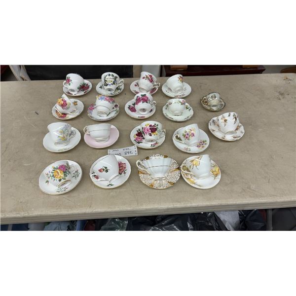 Collection of English Bone China Teacups and Saucers Including Royal Vale, Colclough & More