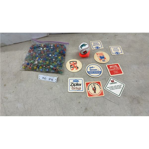 Bag of Glass Marbles, Vintage Beer Coasters, and Goldeye's Baseball