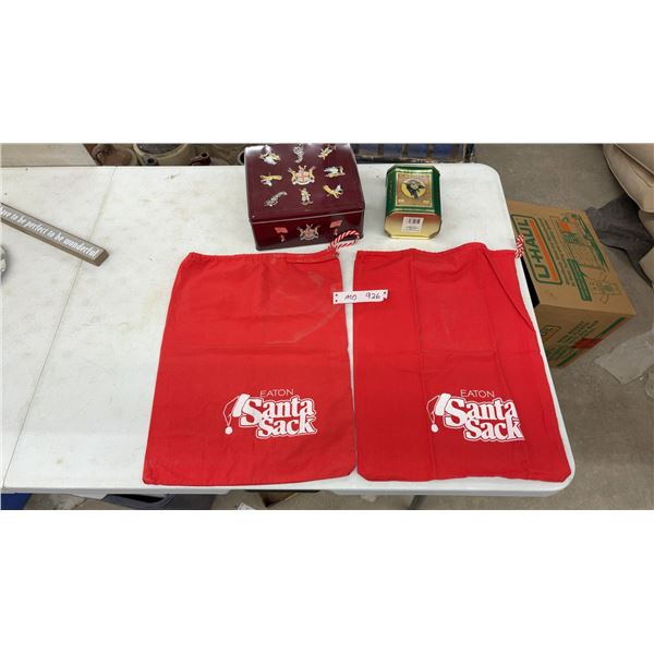 Eaton's Santa Sack Red Fabric Gift Bags and Vintage Decorative Tins