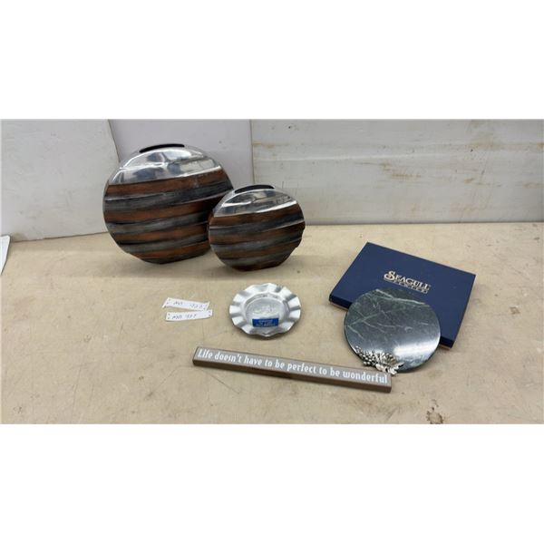 Pair of Metal Decorative Vases, Seagull Pewter Marble Trivet, and More
