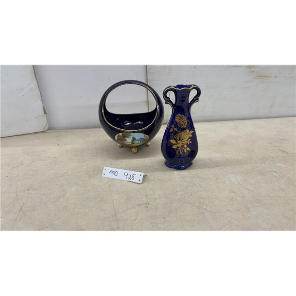 James Kent Old Foley Cobalt Blue Porcelain Basket Vase with Gold Rose Bud Vase