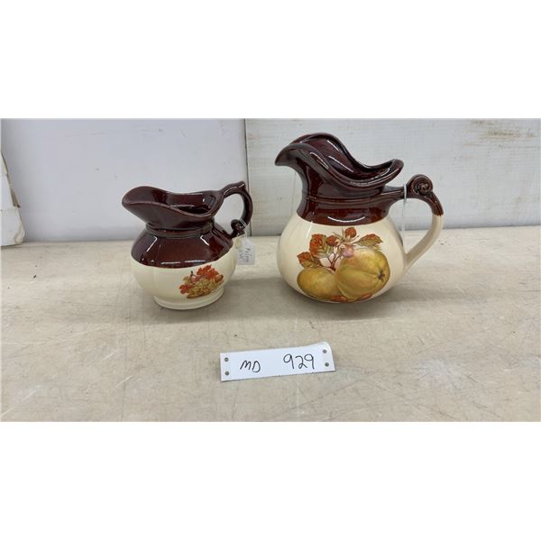 McCoy Pottery Two-Tone Brown and Cream Pitchers with Fruit Decals, Set of Two