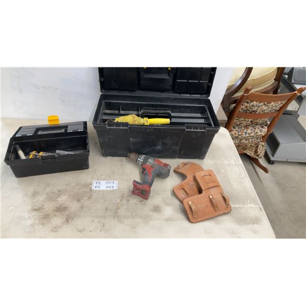 Milwaukee M18 Hammer Drill, Two Toolboxes with Sockets and Screwdrivers, Leather Tool Belt and More