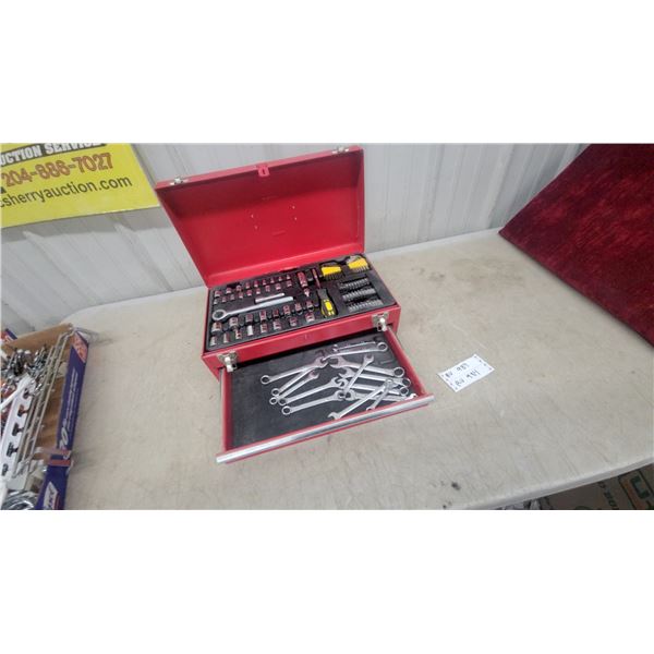 Red Metal Tool Box with Socket Set, Combination Wrenches, Hex Keys, and More