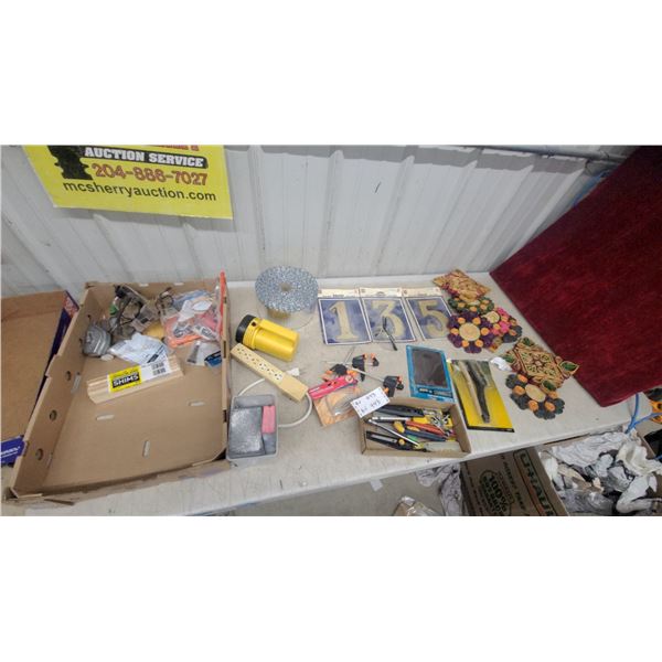 Assorted Hardware Lot: Wood Shims, Clamps, Utility Knives, Flashlight, Power Strip, and More