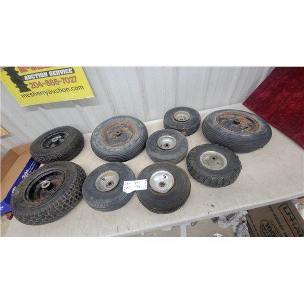 Assorted Small Pneumatic Wheels and Tires, Various Sizes, Lot of 10 Some Tires Gd Some Not