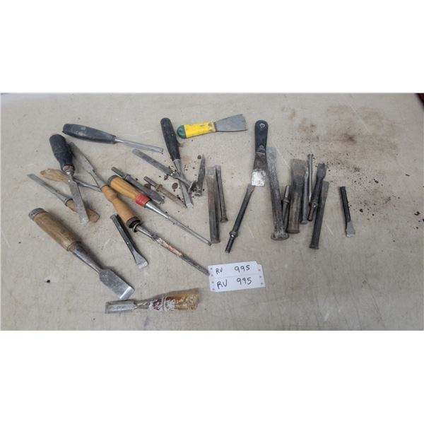 Assorted Wood Chisels, Cold Chisels, Putty Knives, and More