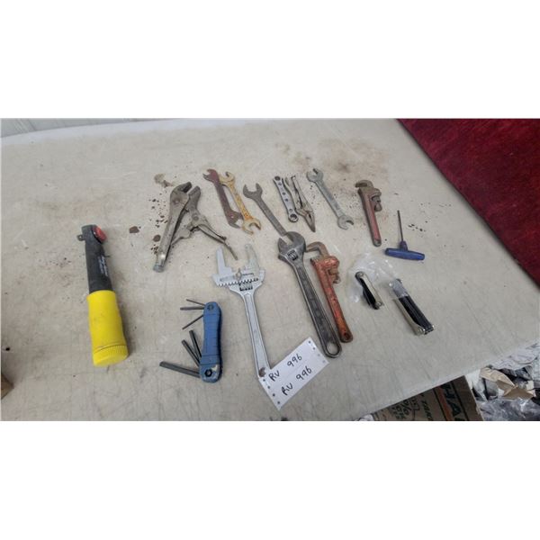 Assorted Hand Tools Including Adjustable Wrenches, Pipe Wrenches, Vise-Grips, Allen Keys, and More