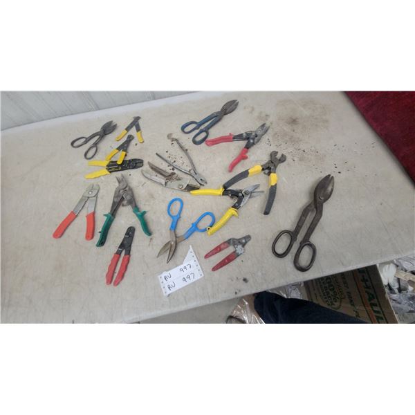 Assorted Tin Snips, Wire Strippers, and Aviation Shears, Various Sizes and Brands