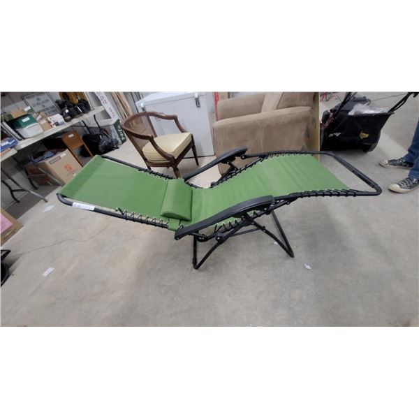 Green Zero Gravity Lounge Chair with Black Metal Frame and Headrest Pillow