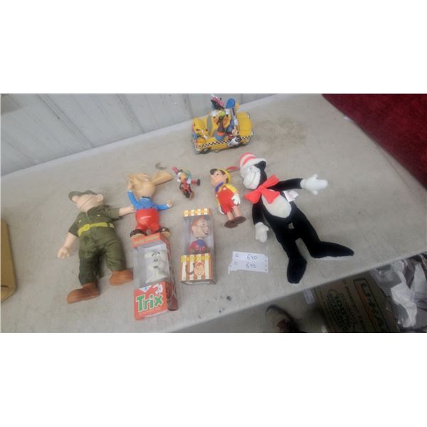 Vintage Character Toy Lot, Beetle Bailey, Pinocchio, Cat in the Hat, and More