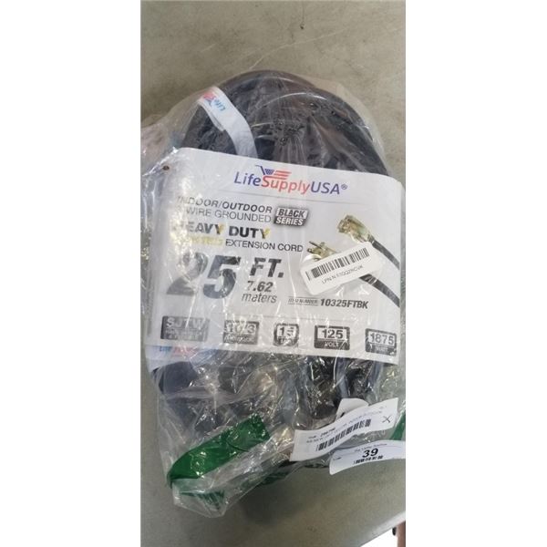 AS NEW 25FT YELLOW  INDOOR OUTDOOR HEAVY DUTY LIGHTED 3 WIRE GROUNDED EXTENSION CORD 10AWG