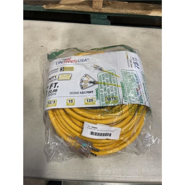 AS NEW 75FT YELLOW 3 OUTLET INDOOR OUTDOOR HEAVY DUTY LIGHTED 3 WIRE GROUNDED EXTENSION CORD 12AWG