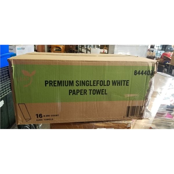 NEW CASE OF PREMIUM SINGLE FOLD WHITE PAPER TOWELS - 16 BUNDLES OF 250, 4000 TOTAL