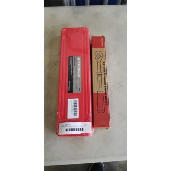NEW 10PC 3/8 DRIVE IMPACT SOCKET SET AND NEW 1/2 DRIVE EXTENDABLE RATCHET