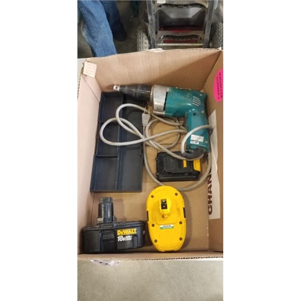 ASSORTED DEWALT BATTERIES AND A MAKITA DRYWALL SCREWGUN