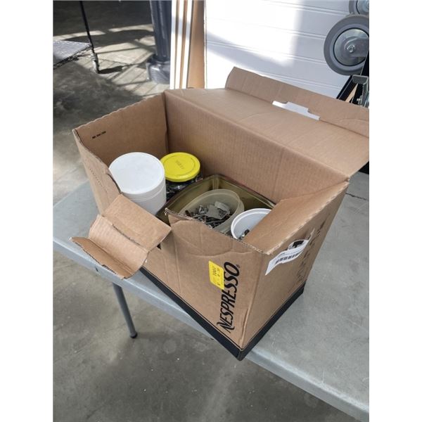 BOX OF ASSORTED SCREWS, BUTS, AND BOLTS