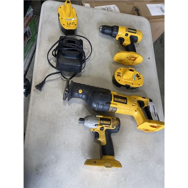 DEWALT RECIPROCATING SAW AND 2 DRILLS W/ 2 BATTERIES AND 1 CAHRGER - WORKING