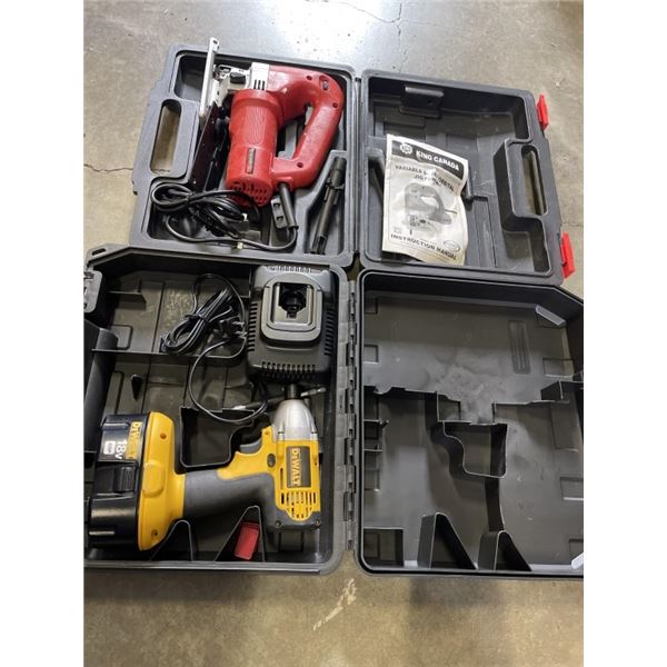 KING CANADA JIG SAW AND DEWALT 18V DRILL W/ BATTERY AND  CHARGER